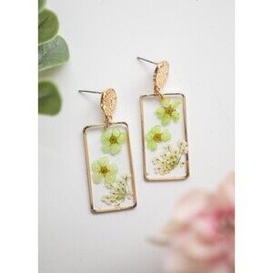 Green Pressed Floral Resin Earrings | Gold Rectangle Botanical Jewelry